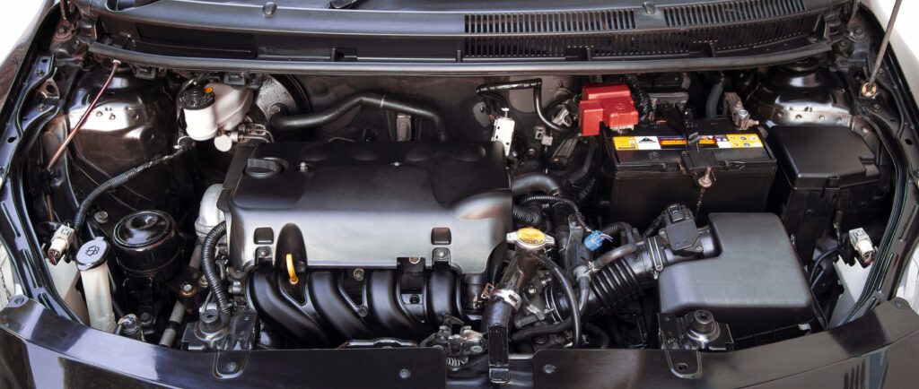 Wide view of a car engine bay